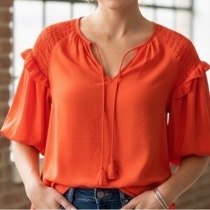 Marc New York Orange Tie-Front Peasant Blouse with Tassels